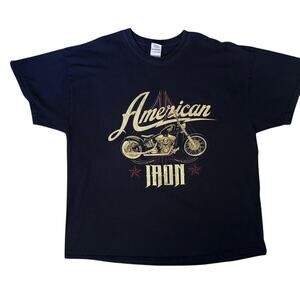 American Iron Motorcycle Graphic T Shirt Black 2XL Gildan Heavy Cotton